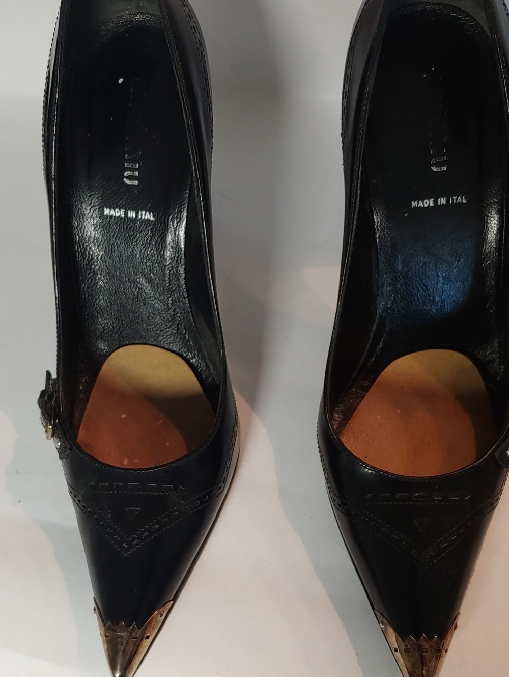 Miu Miu (Prada) Black Pointed Toe Stiletto Pumps with Metallic Caps - Picture 3 of 6